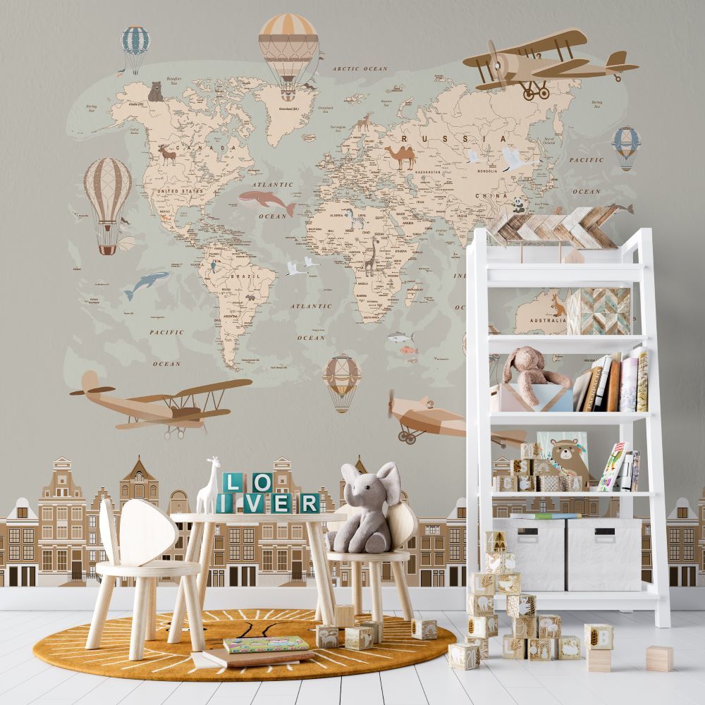 Papier peint carte, continents, montgolfières et planeur