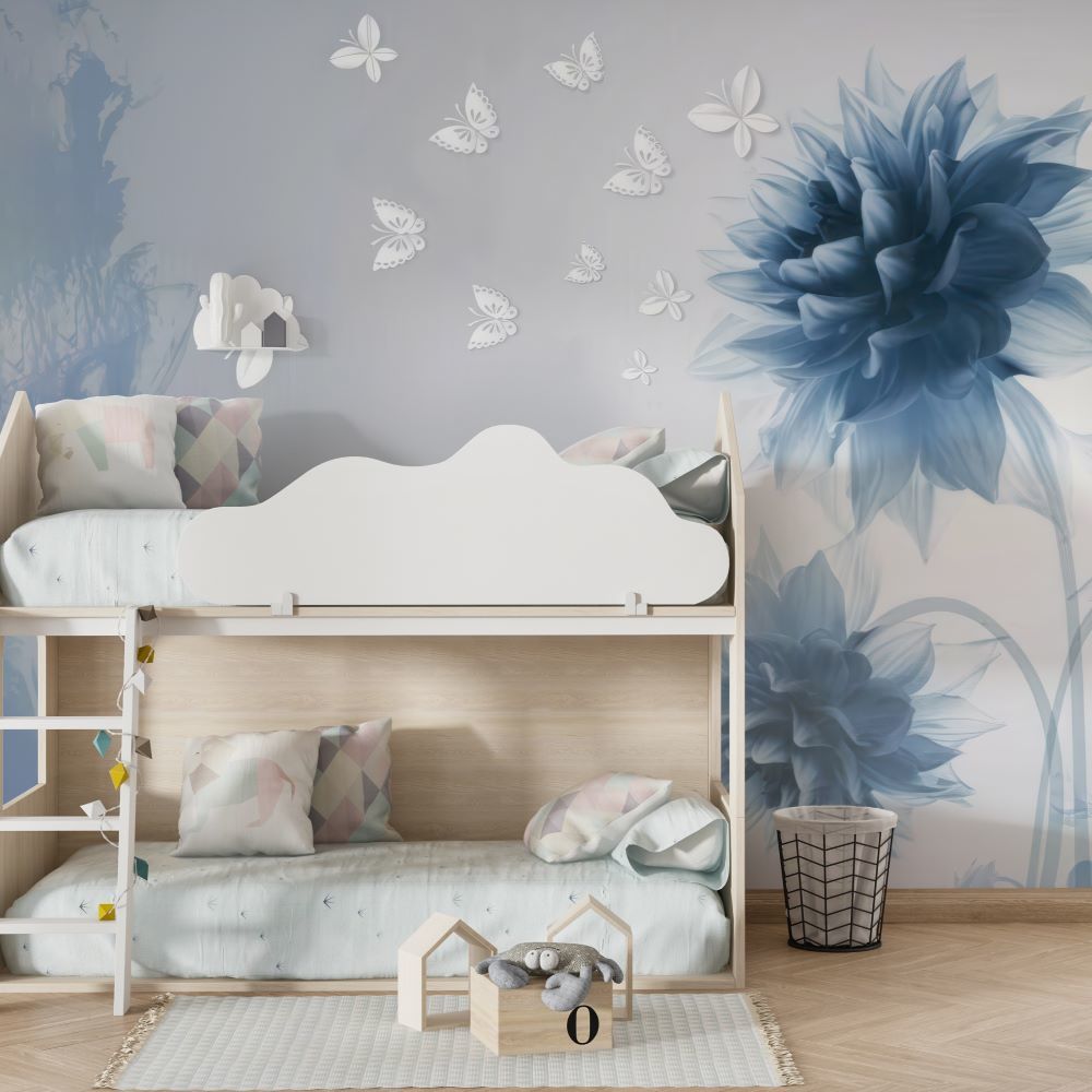 Papier peint fleurs bleues et papillons blancs