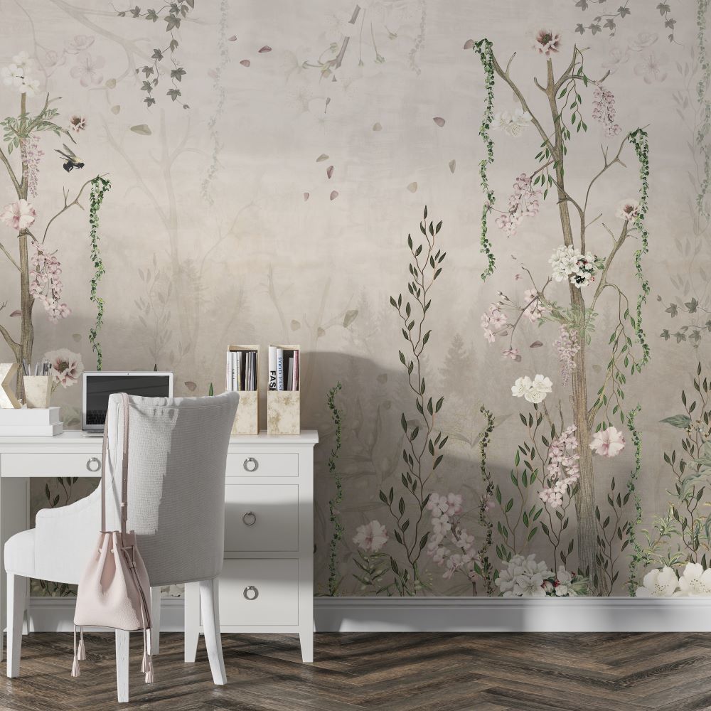 Papier peint lierre aux fleurs blanches