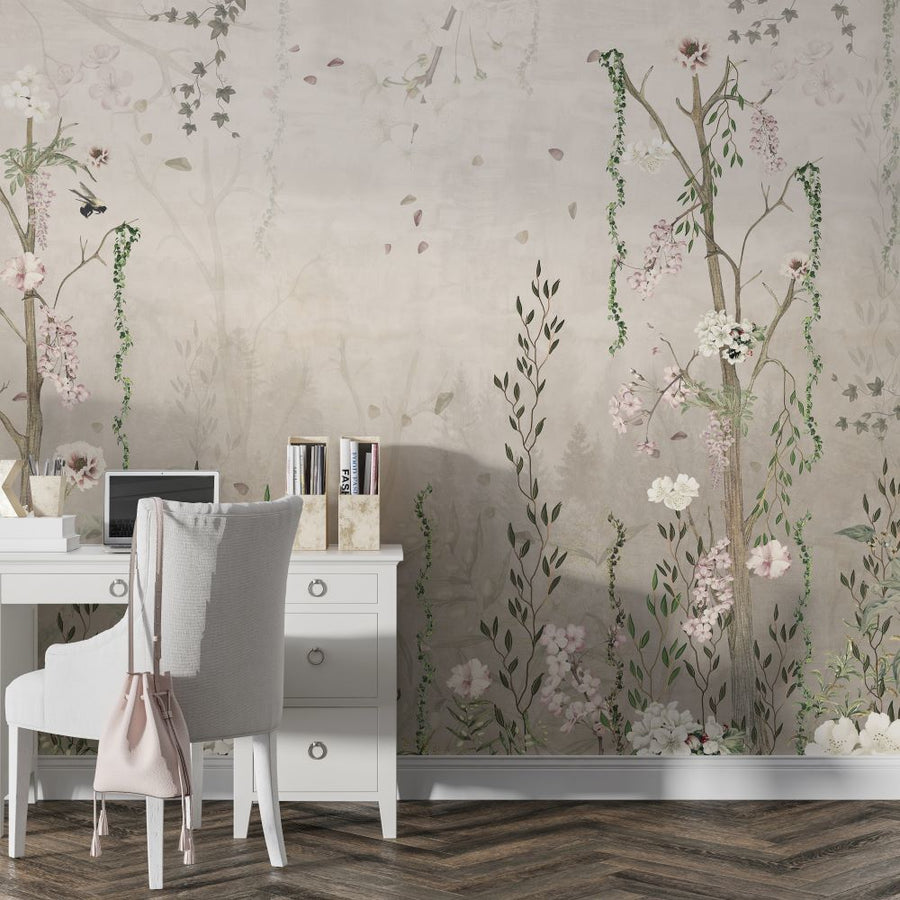 Papier peint lierre aux fleurs blanches