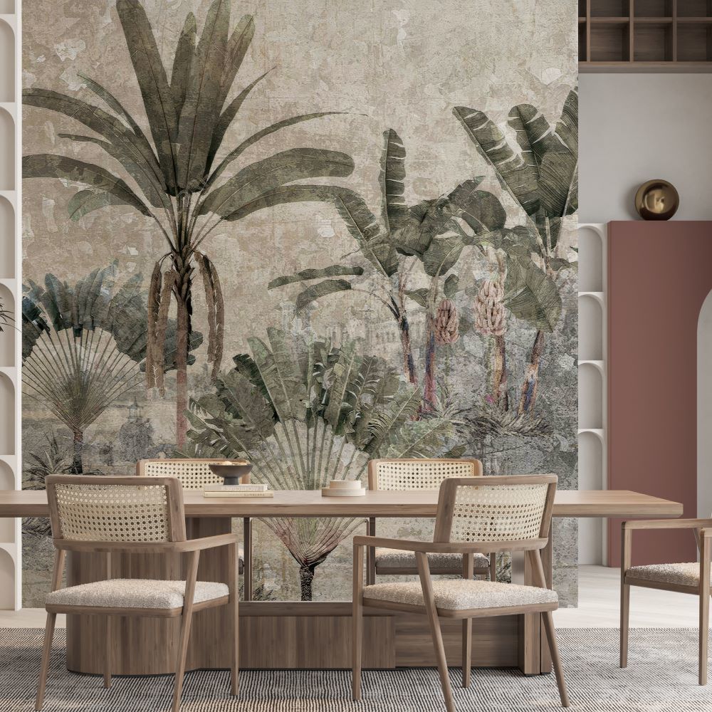 Papier peint plantes tropicales sur fond patiné