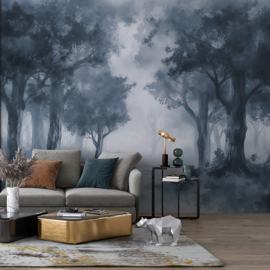 Papier peint forêt bleu profond dans la brume