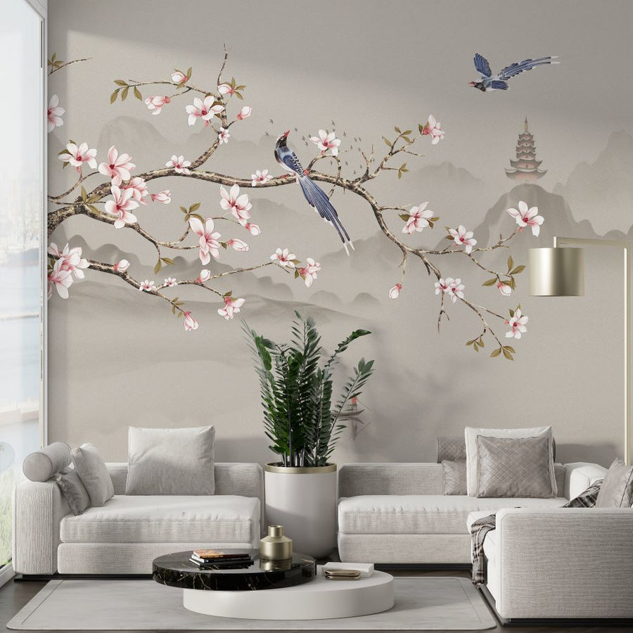 Papier peint hibiscus, montagnes brumeuses et moineau