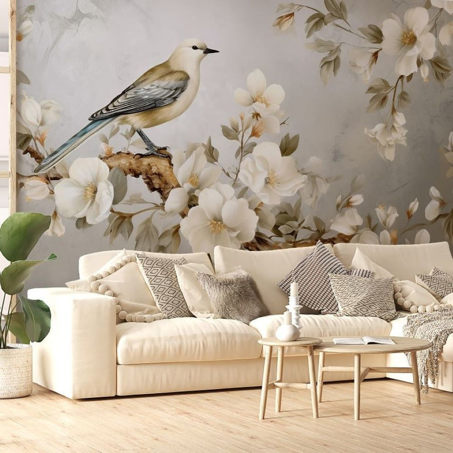 Papier peint magnolias et moineau