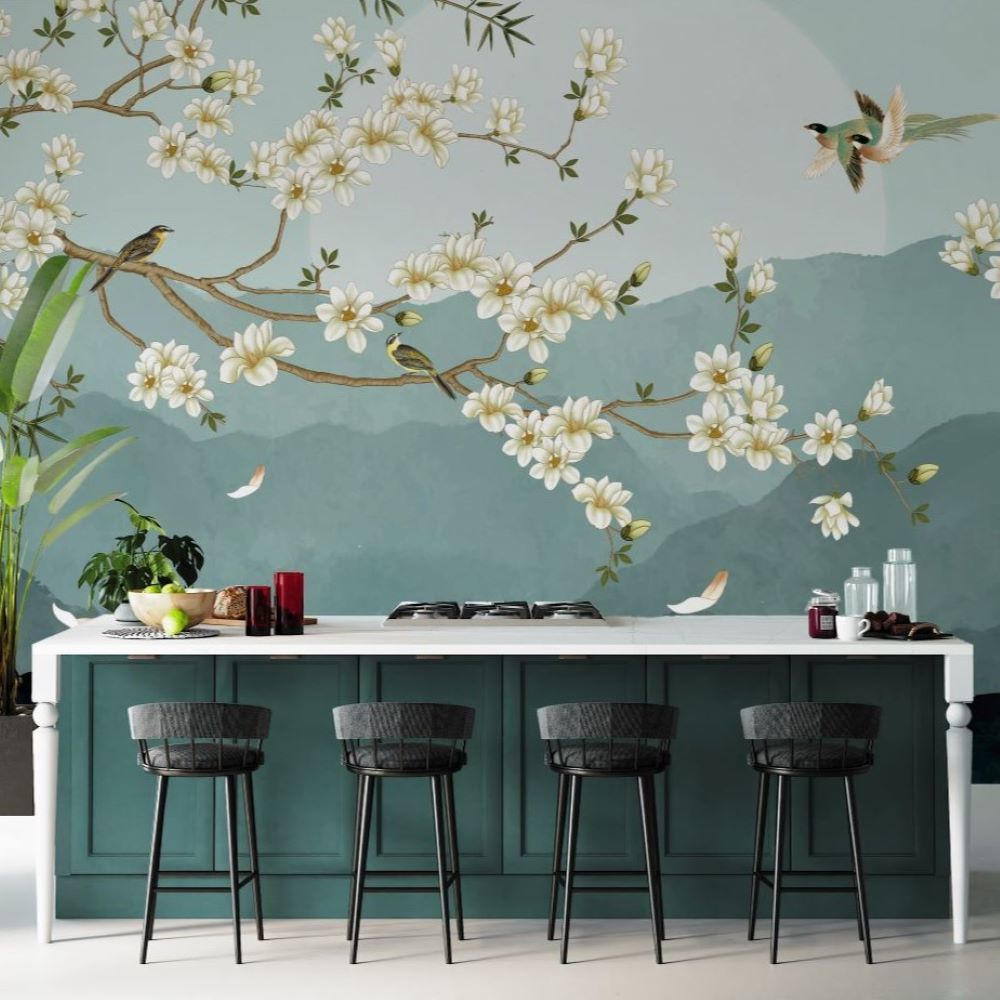 Papier peint montagnes turquoise et petits oiseaux