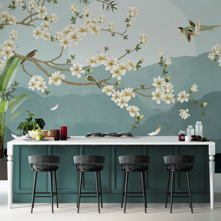 Papier peint montagnes turquoise et petits oiseaux