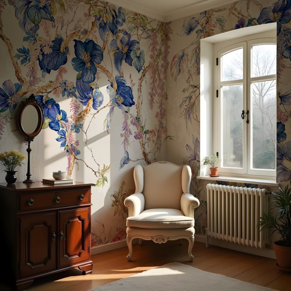 Papier peint à motif floral bleu