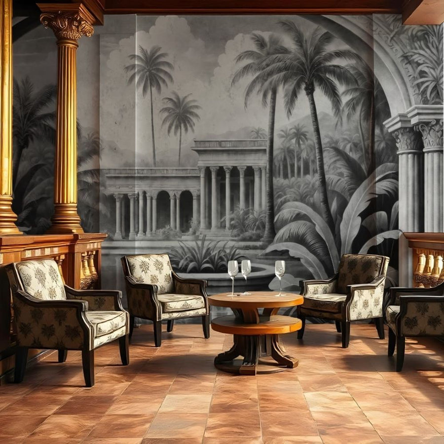 Papier peint noir et blanc palmiers tropicaux et colonnes antiques