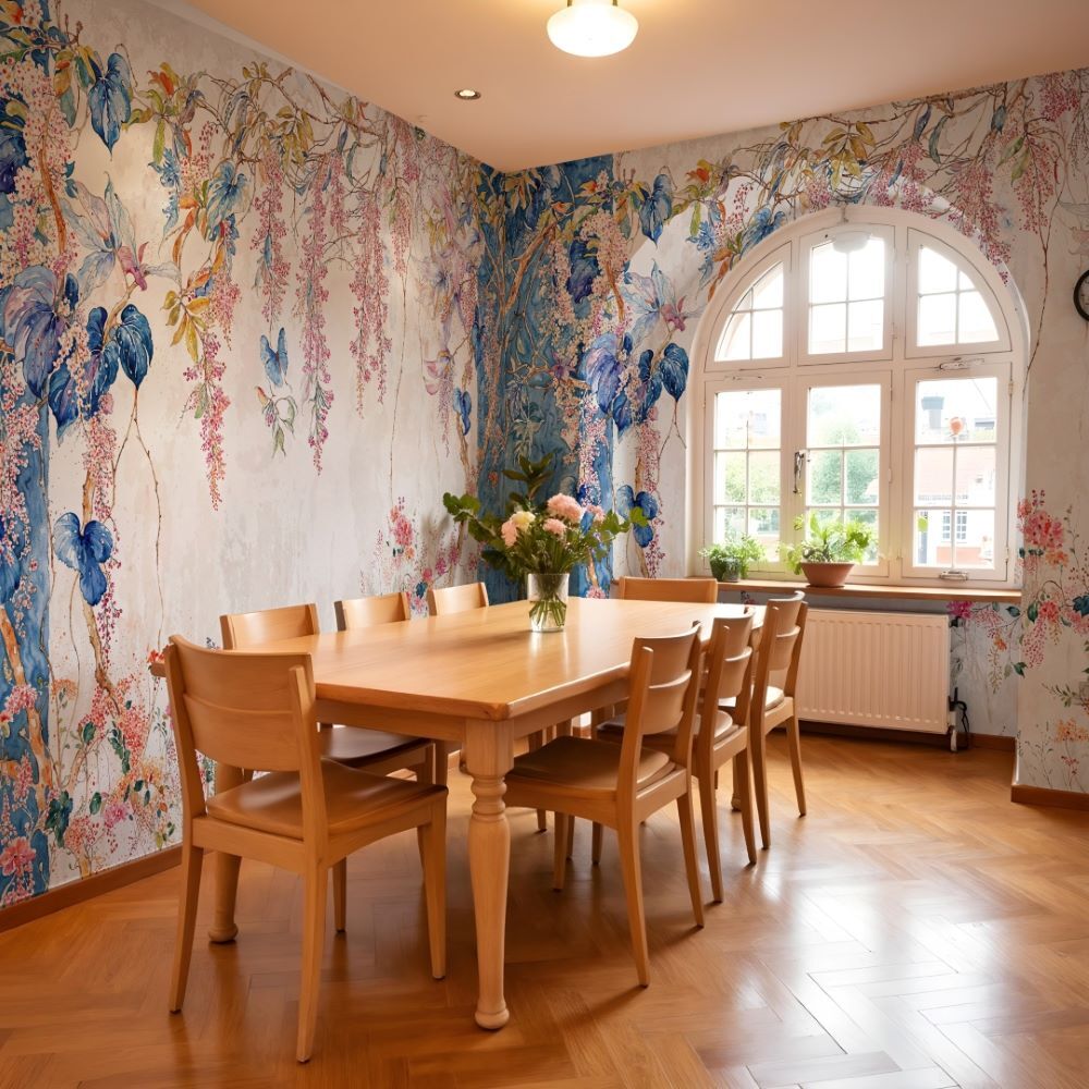 Papier peint fleuri bleu et rose