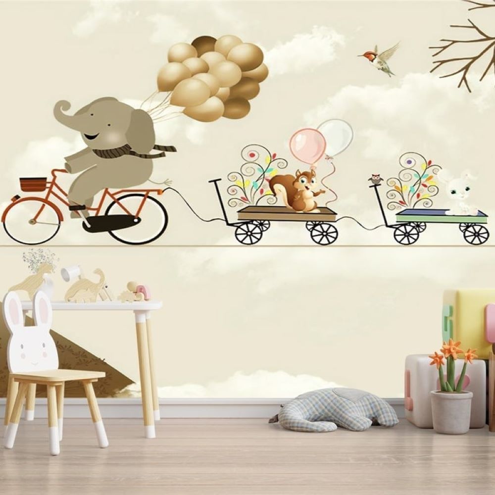 Papier peint enfant Uva éléphant à vélo avec ses amis