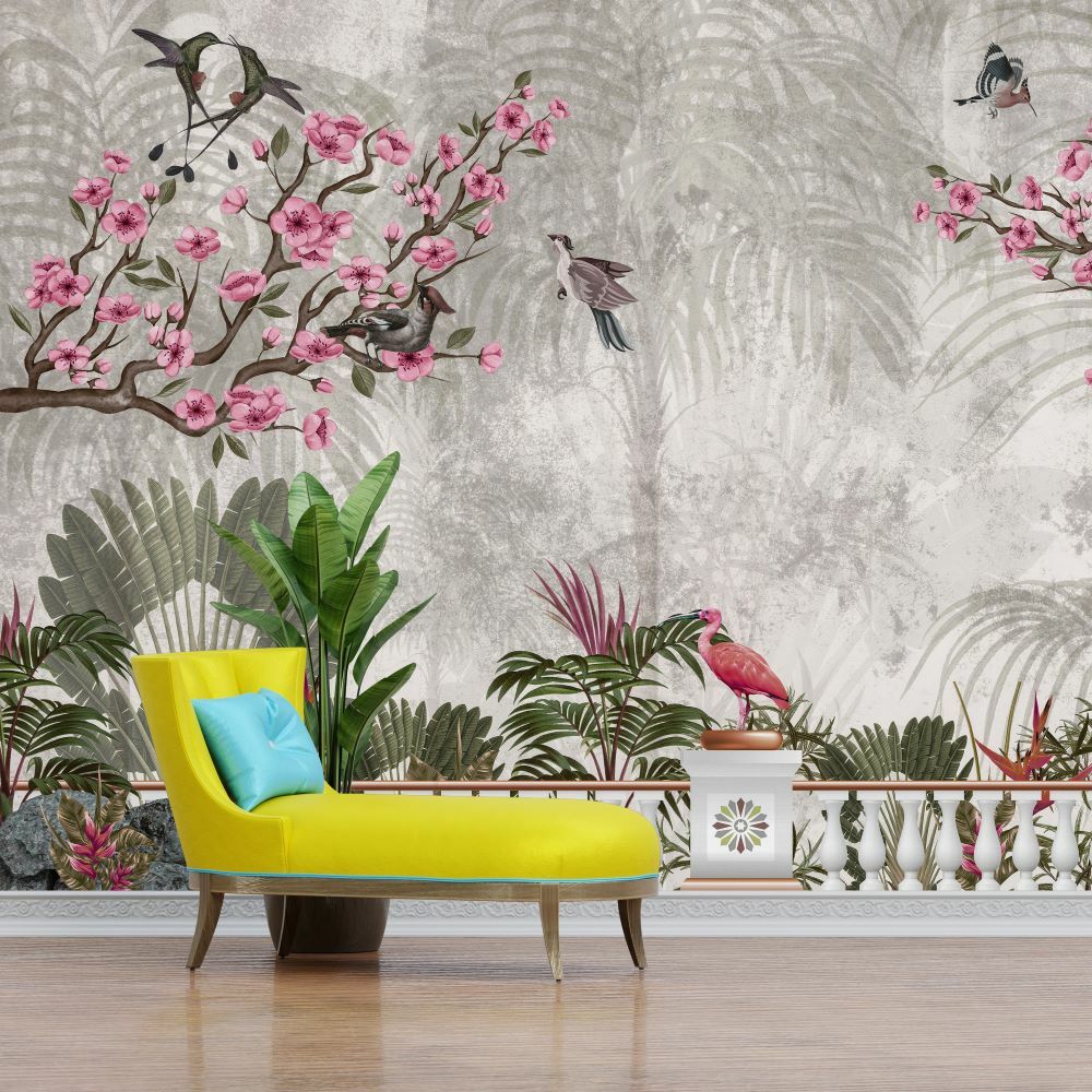 Papier peint fleurs de sakura et hirondelles