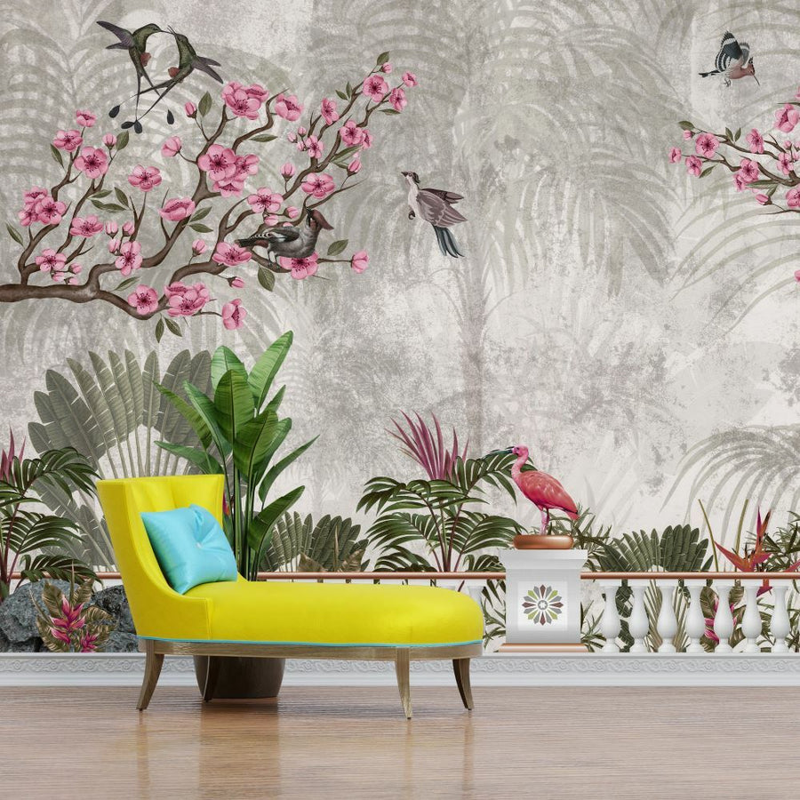 Papier peint fleurs de sakura et hirondelles