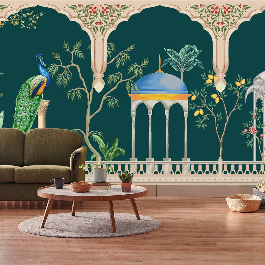 Papier peint animaux tropicaux et motifs de palais