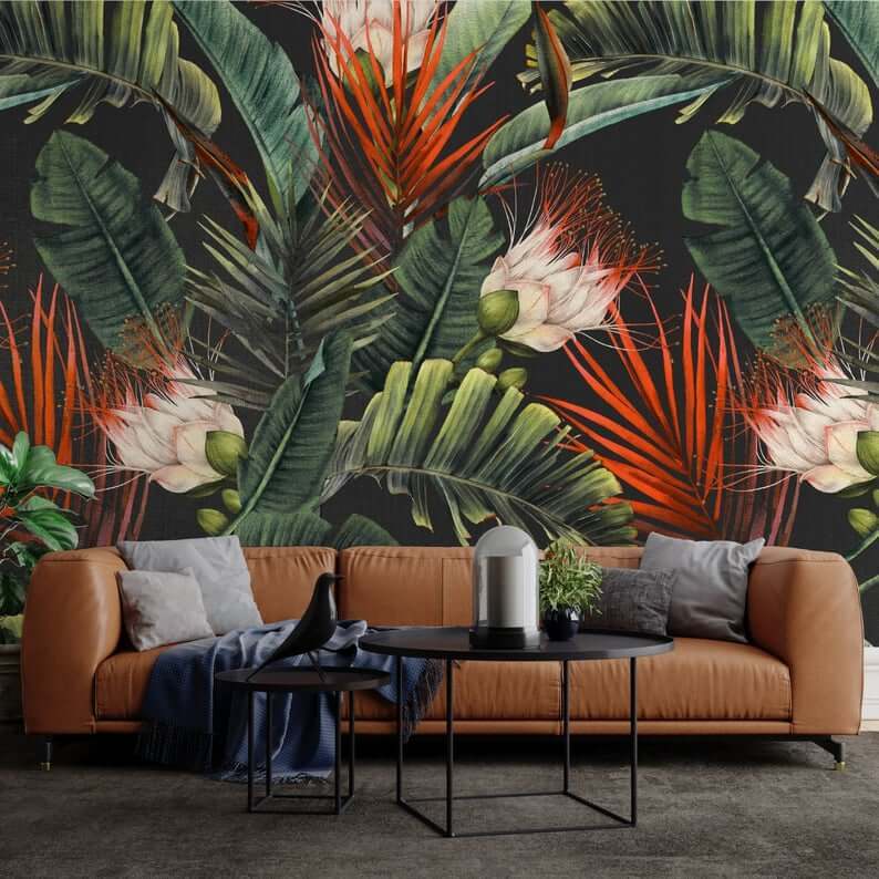 Papier peint Uva feuilles tropicales à effet aquarelle