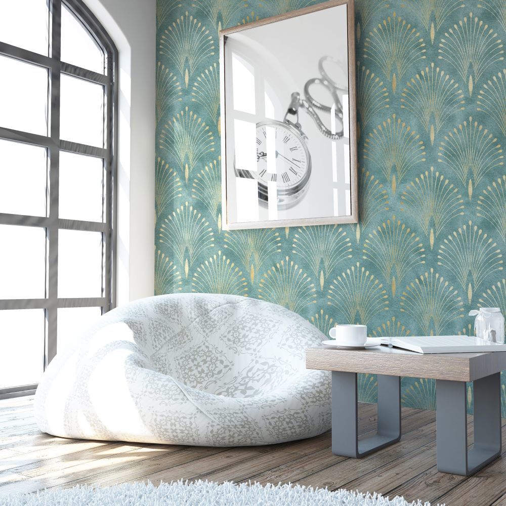 Papier peint motif géométrique turquoise doux aux détails dorés