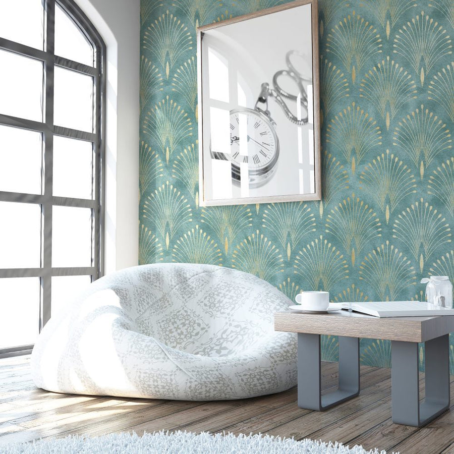 Papier peint motif géométrique turquoise doux aux détails dorés