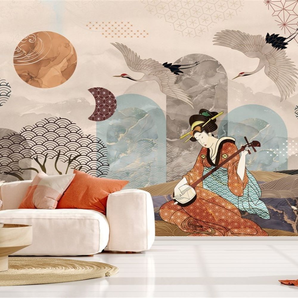 Papier peint art japonais Geisha et soleil levant