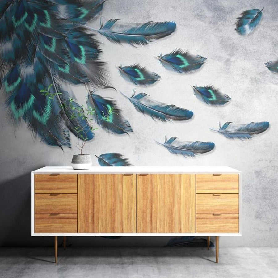 Papier peint Uva plumes de paon sur fond gris