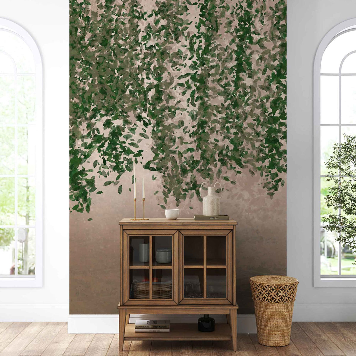 Papier peint feuilles grimpantes sur fond rose