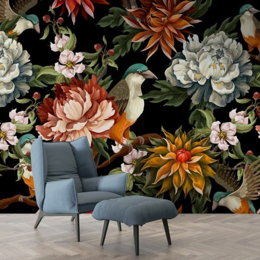 Papier peint Uva pivoines et oiseaux sur fond noir