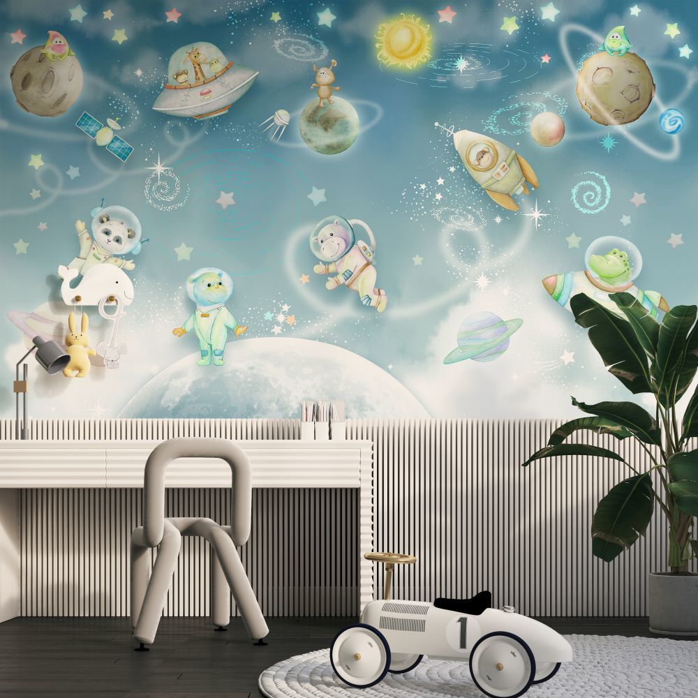 Papier peint animaux adorables se promenant dans l'espace