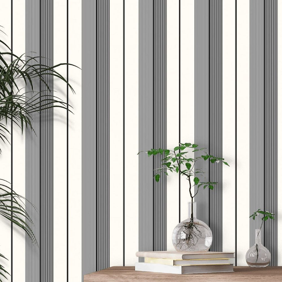 Papier peint rayures blanches, noires et anthracite