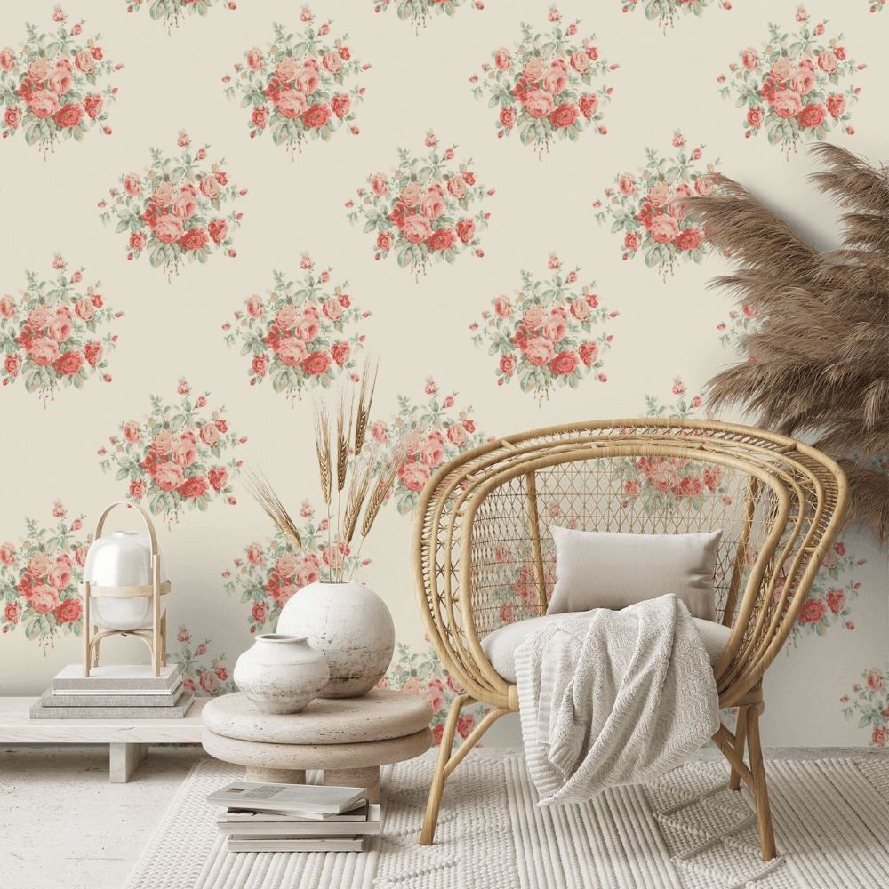 Papier peint Wainscott Floral rouge et crème