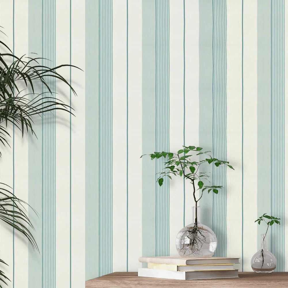 Papier peint à rubans menthe, blanc et bleu