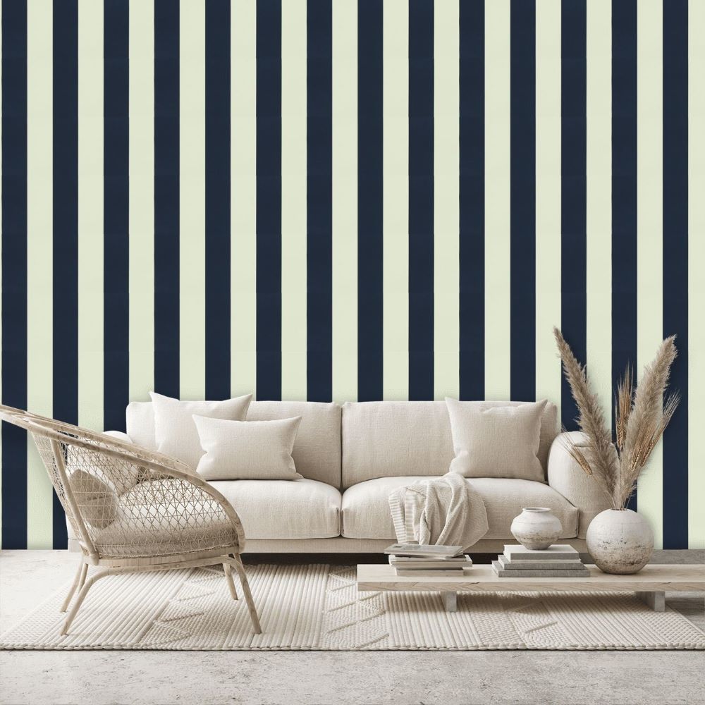 Papier peint vinyle Ralph Lauren à rayures bleu marine et blanc