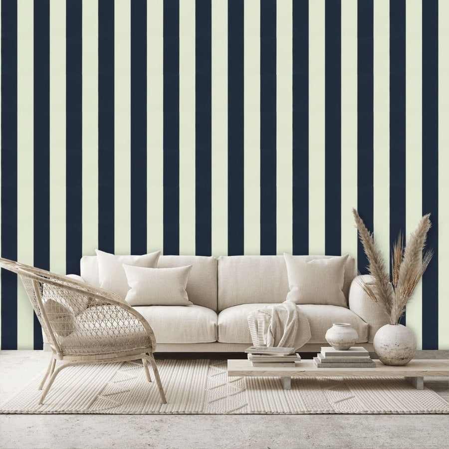 Papier peint vinyle Ralph Lauren à rayures bleu marine et blanc