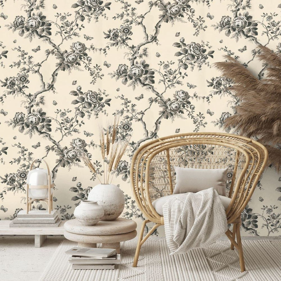 Papier peint fleurs beige et anthracite Ashfield Floral