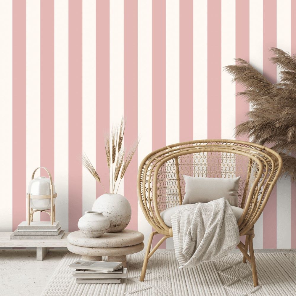 Papier peint vinyle Ralph Lauren à rayures rose et blanc