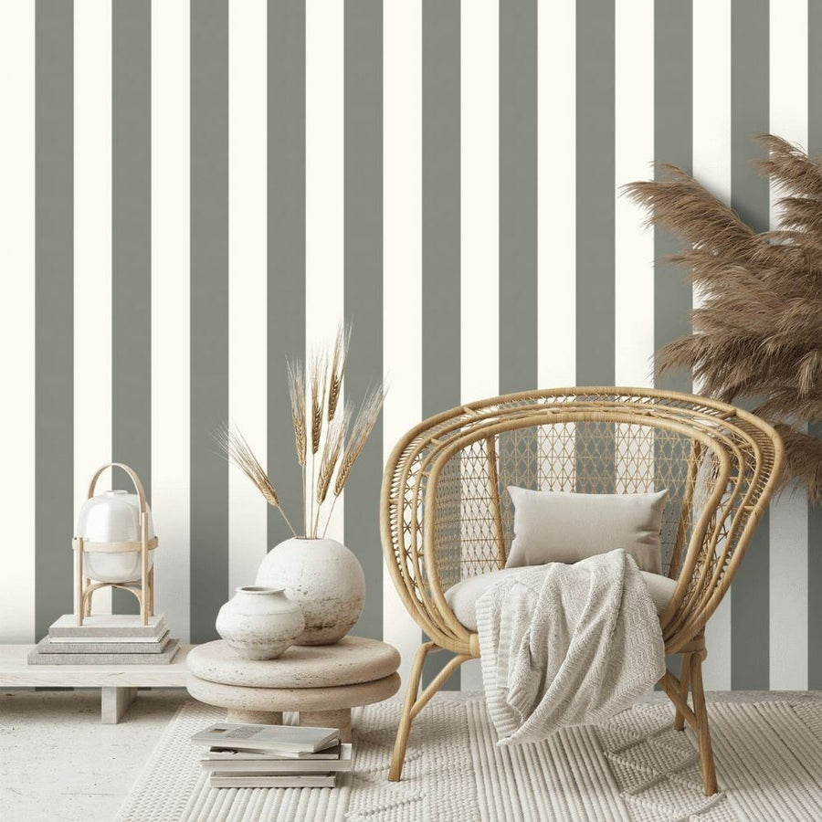 Papier peint vinyle Ralph Lauren à rayures gris et blanc
