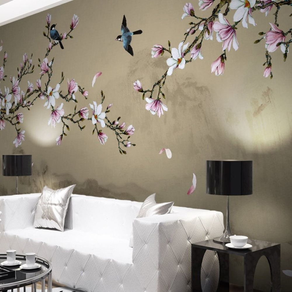 Papier peint fleurs de sakura japonaises sur fond vison