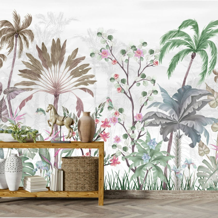 Papier peint fleurs de coton et enfant joyeux sur fond gris
