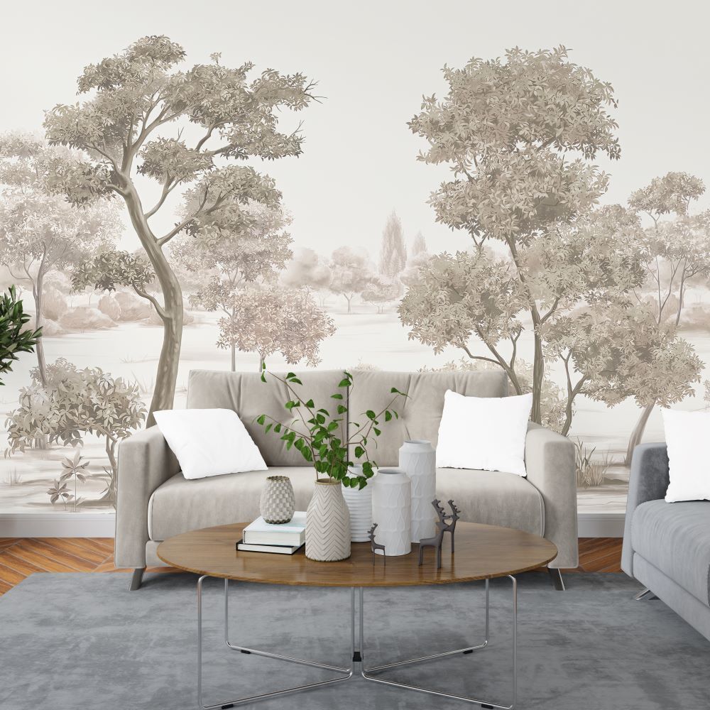 Papier peint arbres doux aux tons sépia
