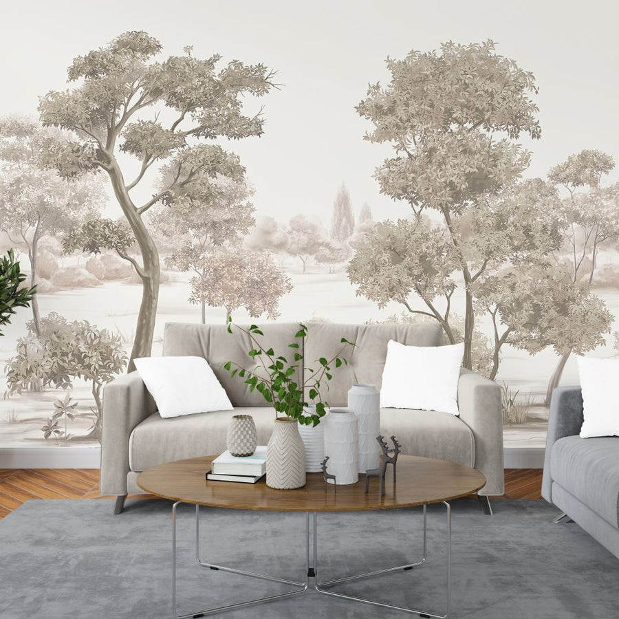 Papier peint arbres doux aux tons sépia