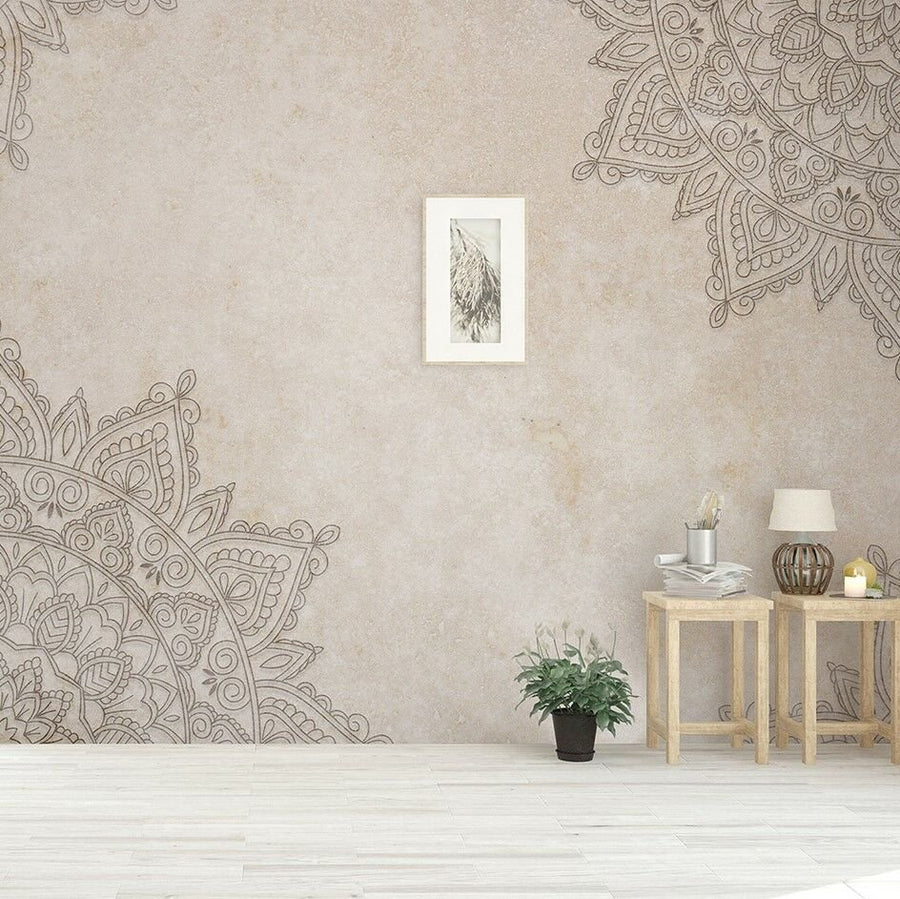 Papier peint mandala brodé sur fond béton