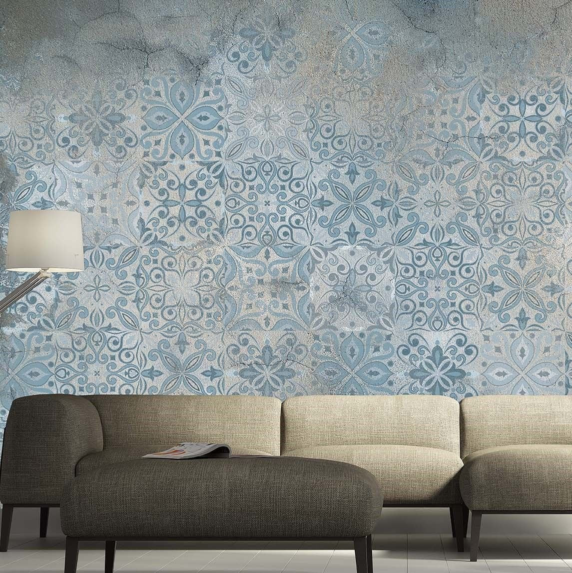 Papier peint carreaux vintage motif ethnique bleu