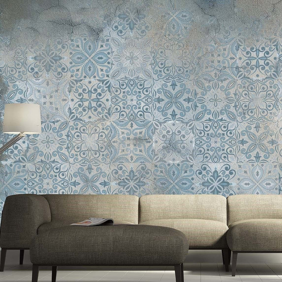 Papier peint carreaux vintage motif ethnique bleu