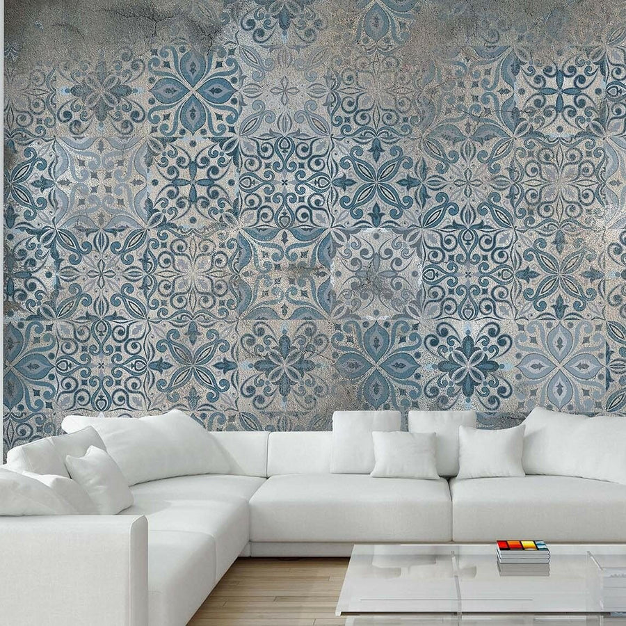 Papier peint carreaux à motifs turquoise