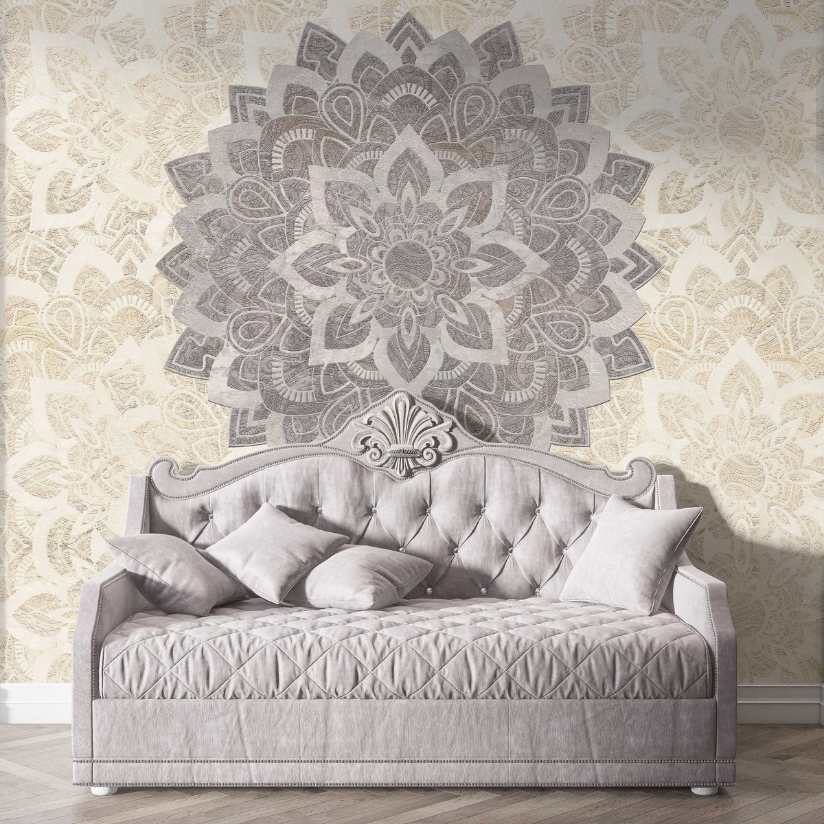 Papier peint fleur de vie grise sur mandala crème