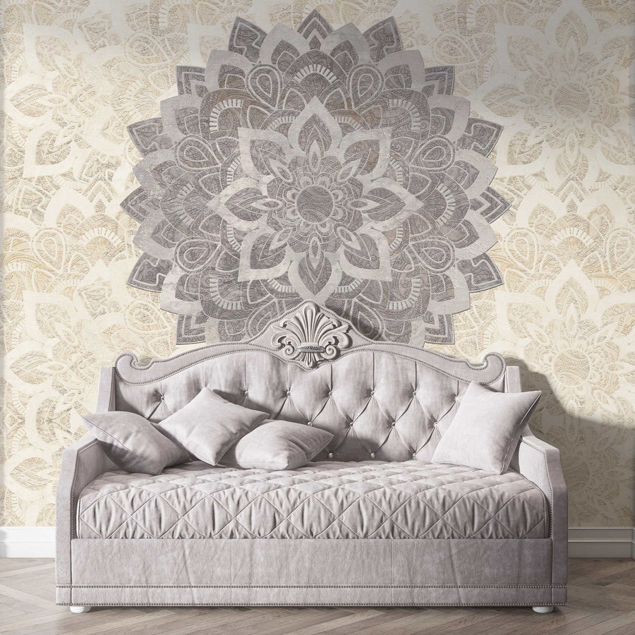 Papier peint fleur de vie grise sur mandala crème