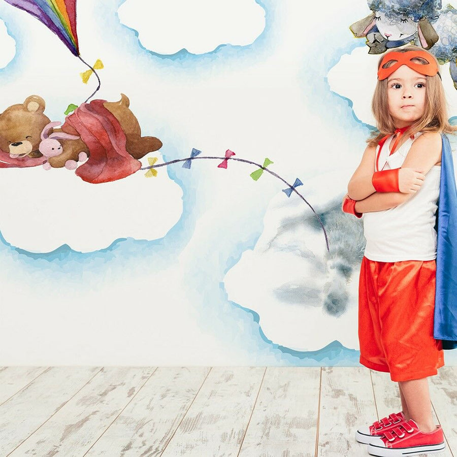Papier peint ourson et lapin endormis dans les nuages