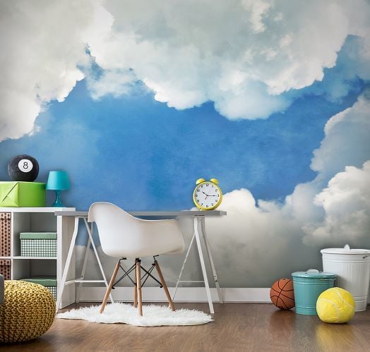 Papier peint Puffy nuages cotonneux et ciel bleu