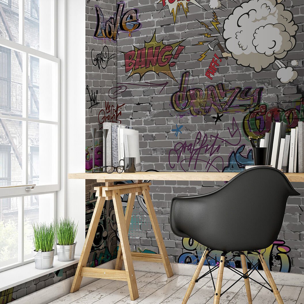 Papier peint chambre d'adolescent mur de pierre et graffitis