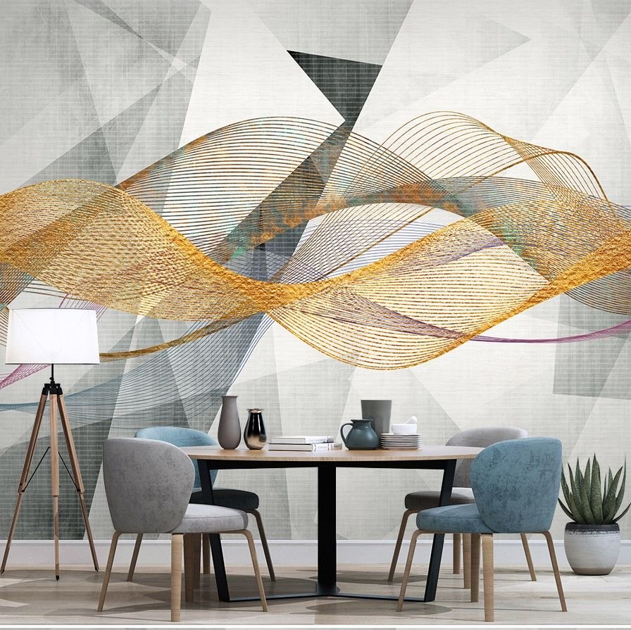 Papier peint formes géométriques et vague dorée