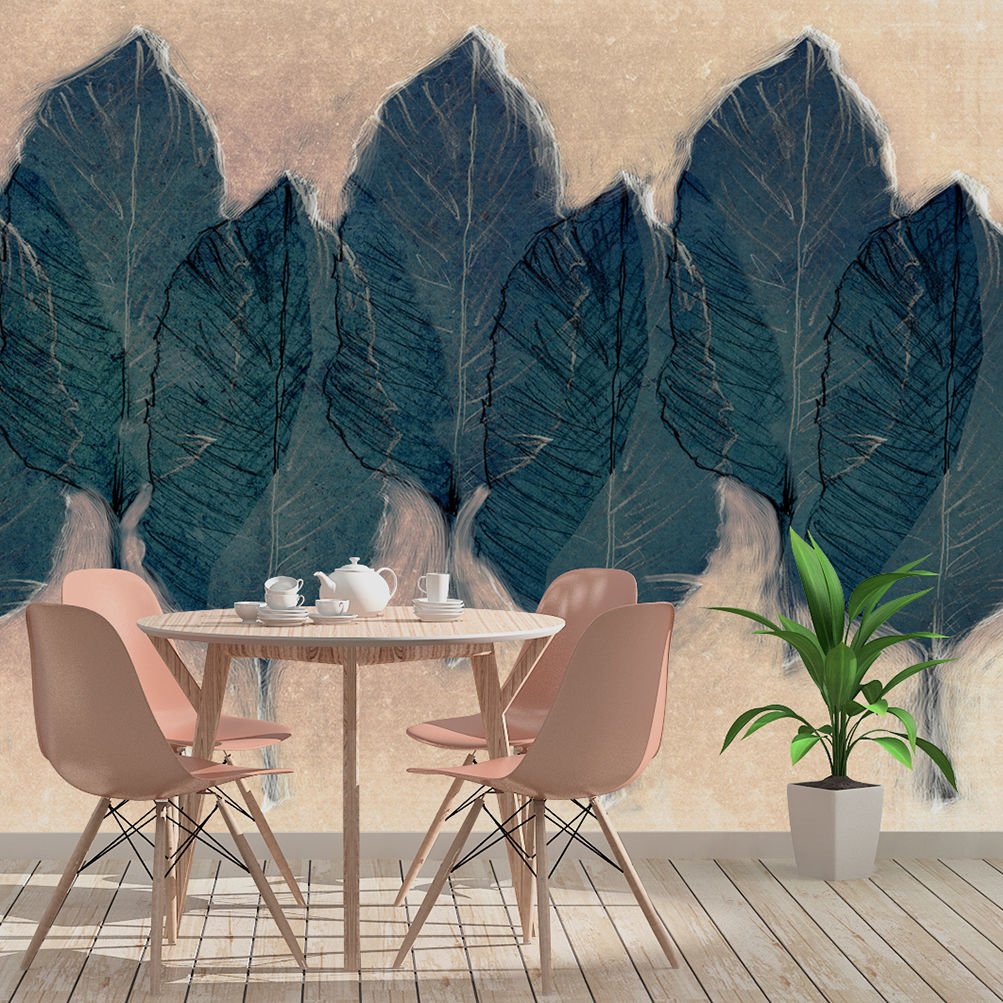 Papier peint feuilles séchées bleu marine
