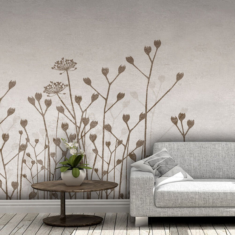 Papier peint bourgeons et feuilles brunes sur fond vison
