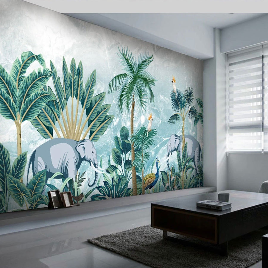 Papier peint forêt exotique et éléphants